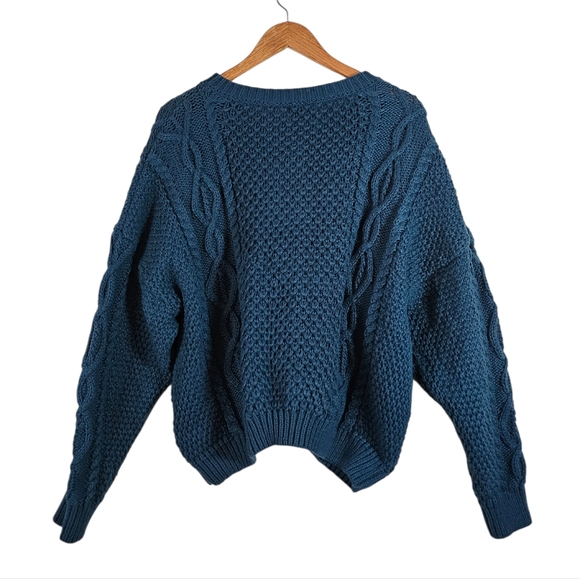 Molly Bracken Chunky Cable Knit Cardigan Sweater Teal Blue Green, Size L - Picture 6 of 7